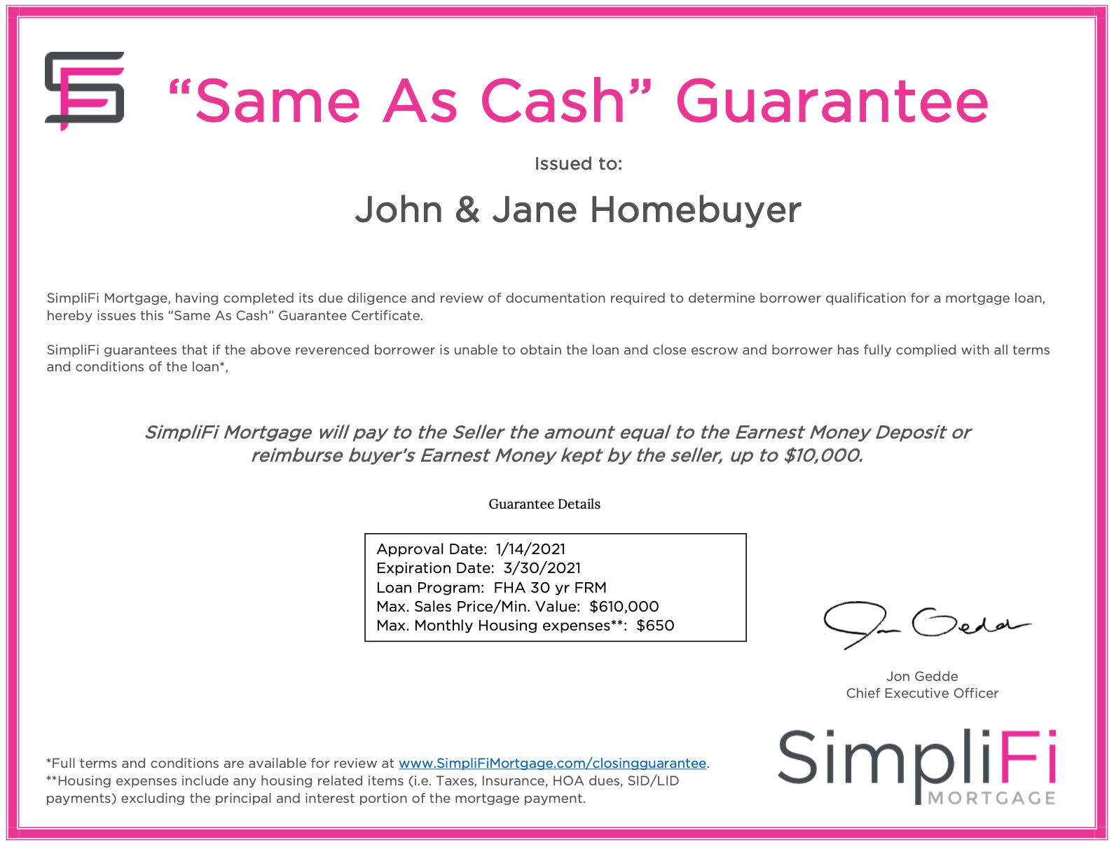 Same as cash closing guarantee certificate