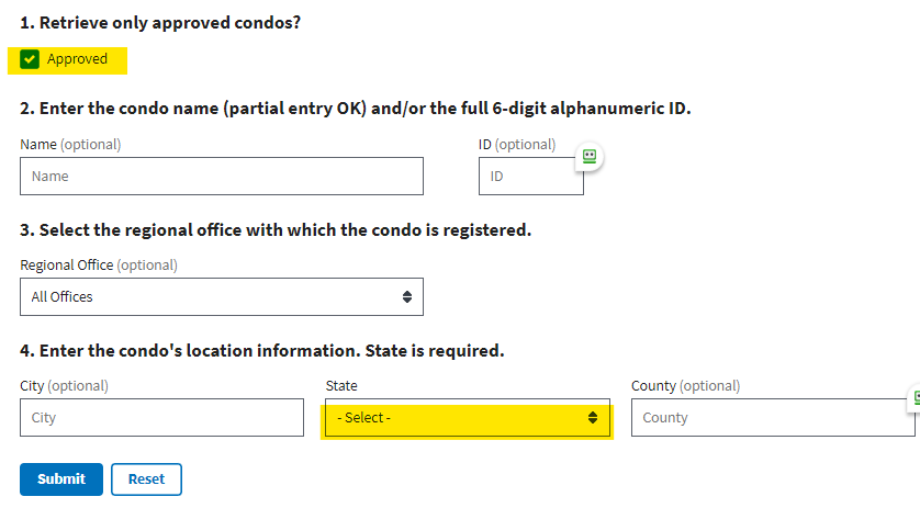 Screenshot showing how to retrieve a list of approved condos